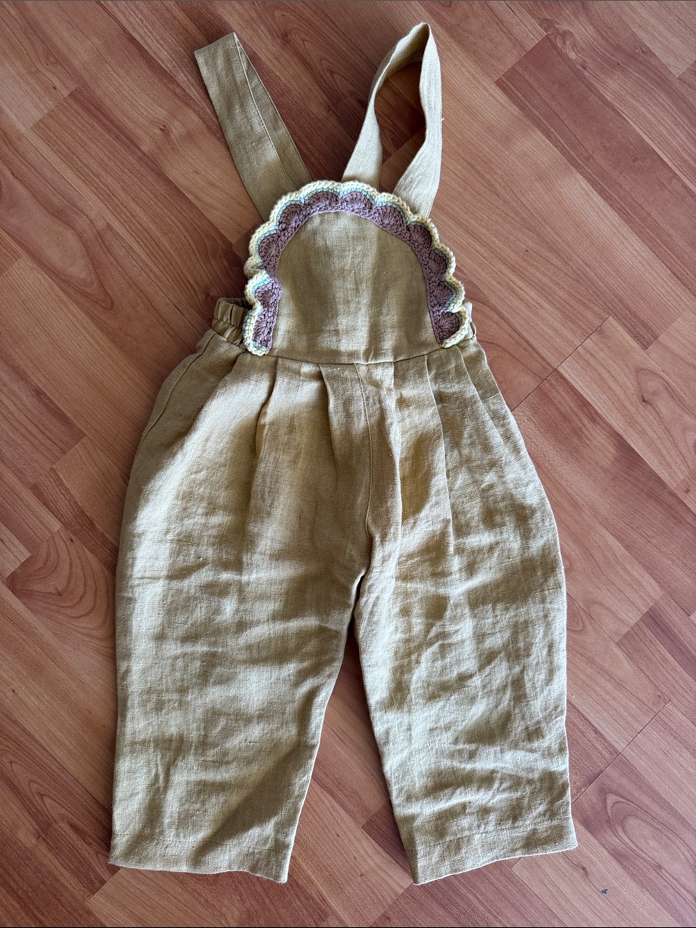 Kids olive Linen Overalls with Scalloped Detail